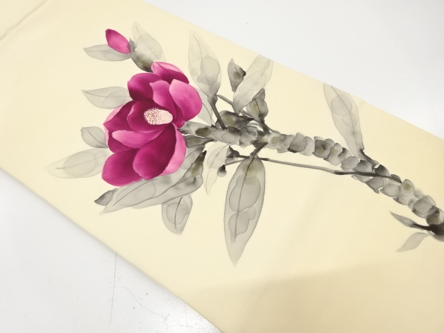 作家物　塩瀬　手描き　椿模様　名古屋帯